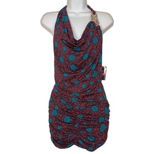 TE AMO Purple Blue Polka Dot Print Halter Neck Ruching Mini Dress Medium NWT